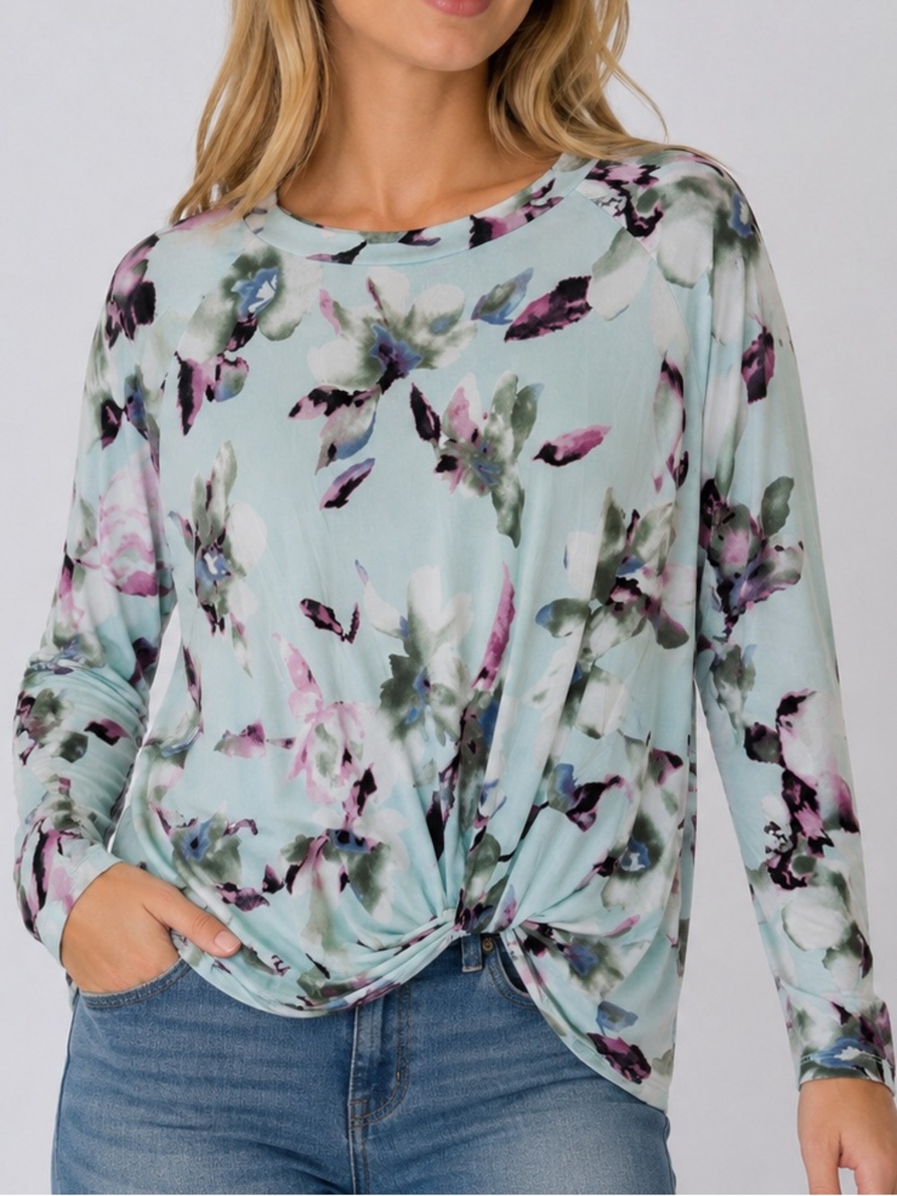 White Birch | Mint Floral Twist-Front Long Sleeve Blouse | Size M | NWT Romantic
